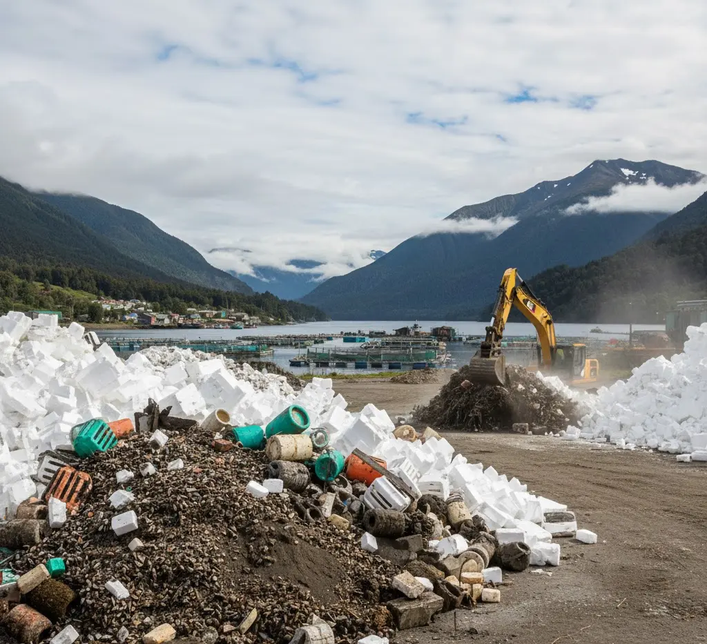 Pilas de plumavit y residuos marinos, incluyendo boyas y conchas, en un centro de acopio a orillas de un lago en la Región de Los Lagos, Chile, con piscifactorías al fondo.