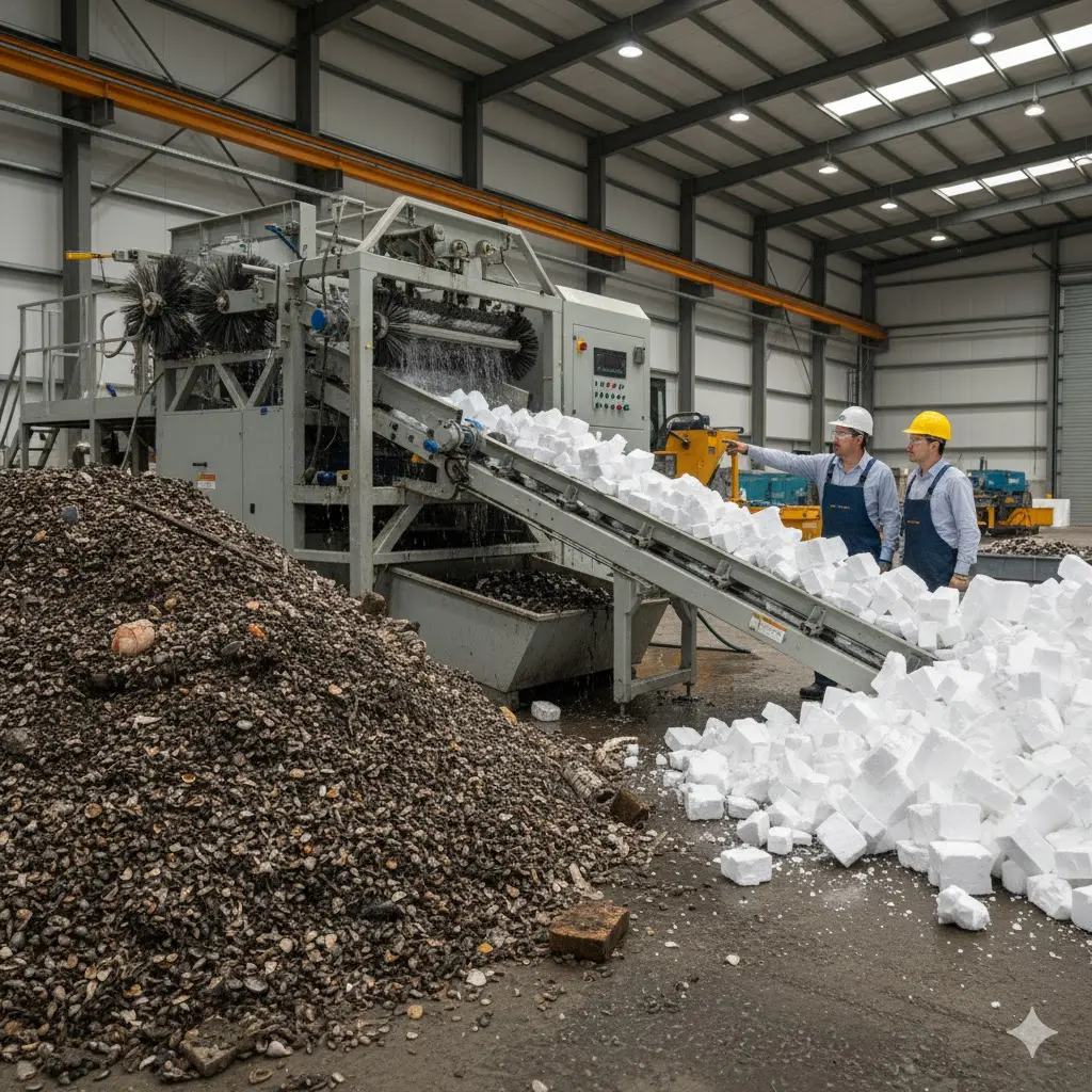 Trabajadores en una planta industrial supervisan una máquina que limpia plumavit, separando los contaminantes de un gran montón de poliestireno puro.