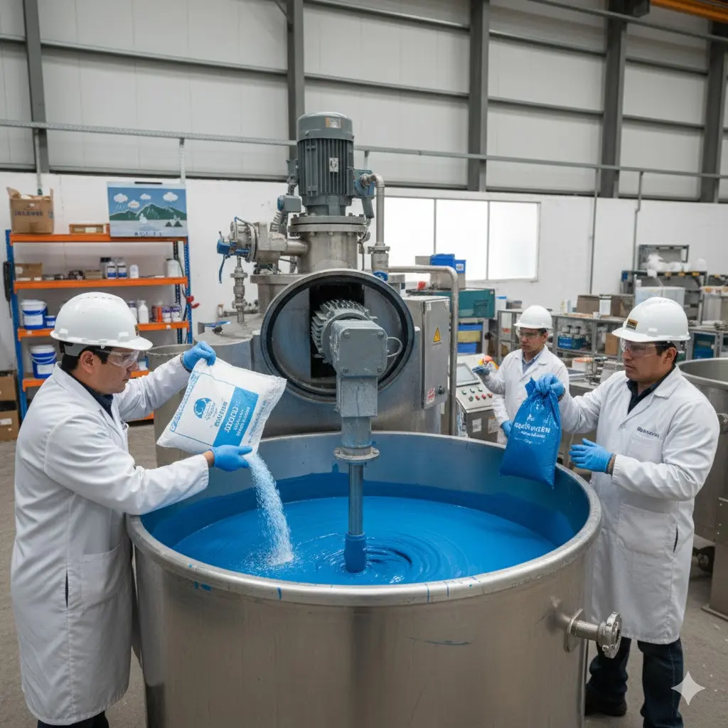 Dos operarios en un laboratorio añaden bolsas de polvos (pigmentos y aditivos) a un gran tanque mezclador con ligante azul, para fabricar pintura.